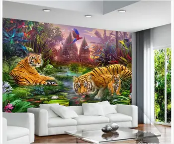 Custom 3d foto tapetai, 3d sienų freskomis tapetai Miško įvairiaspalvis papūgos flying lotus tvenkinys tigras gyvūnų vaikai tapyba