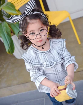 Korėjos Mergaičių Palaidinė Medvilnės Pledas Slotus Lapų Apykaklės Marškinėliai Vaikams Drabužių Siųsti Gėlės Q373