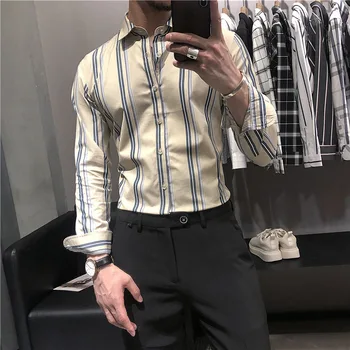 Nauja rudens vyrų plonas dryžuotas ilgomis rankovėmis marškinėliai, Britų mados tendencija berniukai profesionalus verslo marškinėliai