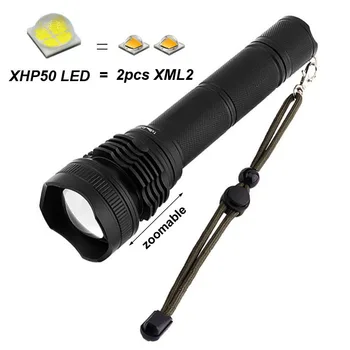 Taktinis Zoom Priartinimas Žibintuvėlis XHP50 super šviesus 3000 Liumenų lanterna Vandeniui high power LED 2 x 26650 / 18650 žibinto lemputė