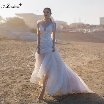 Alonlivn Žavingas Tiulio Paplūdimys Vestuvių Suknelė Duobute Appliques V-Kaklo Backless Vestuvinės Suknelės