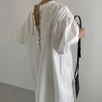 Grįžtamasis Japonija Ilgomis Rankovėmis Balti Marškinėliai Suknelė Elegantiškas Moterų Darbo Drabužiai Nėrinių Rudenį Atsitiktinis Negabaritinių Korėjos Maxi Suknelės