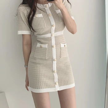 Mygtukas Bodycon Mini Megzti Suknelę Šalies Elegantiškas Vestido Prašmatnus Korėjos Vasaros Seksuali Plona Juoda Moda Feminina Ropa Mujer 2020 Rūbeliai