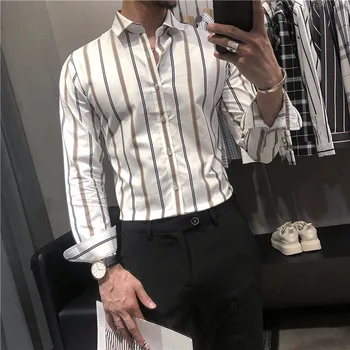 Nauja rudens vyrų plonas dryžuotas ilgomis rankovėmis marškinėliai, Britų mados tendencija berniukai profesionalus verslo marškinėliai