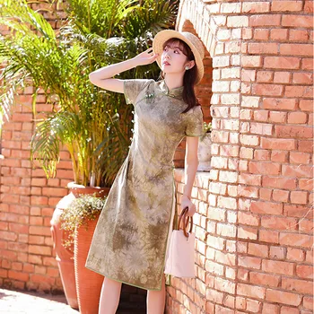 FZSLCYIYI Vietnamo stiliaus elegantiška panele spausdinti rytų qipao cheongsam mandarinų apykaklės aodai suknelė ao dai qipao kinų suknelė