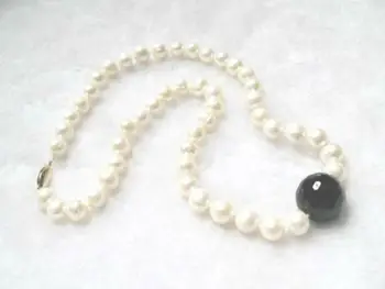 06387 karoliai balta perlų karoliukus, briaunų juodos onikso pakabukas