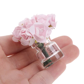 1/12 Miniatiūriniai Lėlių Pink Rose Stiklo Butelis, Gėlių Kompozicijų Namų Dekoro