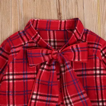 1-6Y Bamblys Kūdikių Mergaitės Rudens Mados Raudonas Pledas ilgomis Rankovėmis Marškinėliai Pavasario Šiltas Atsitiktinis Lauko Dėvėti Chalatą su Bowknot