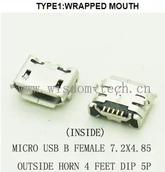 1000pcs/daug B tipo Micro USB female lizdas, USB jungtis, Telefono lizdas 2.0 7.2x4.85 už ragų 4feet CINKAVIMAS 5P