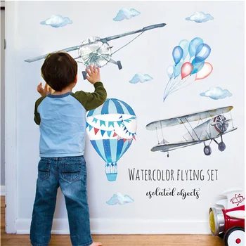 1PC Akvarelė skrydžio karšto oro balionu, Sienos Lipdukas vaikams kūdikių kambariai namų dekoro PVC Sienų Lipdukai vaikų darželio lipdukai, tapetai