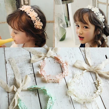 1PCS Korėja Stiliaus Mielas Princesė Lankelis Ilgai Nėrinių Juostelės Gėlių Hairbands Vainikas Merginų galvos Apdangalai, Vaikų Plaukų Aksesuarai