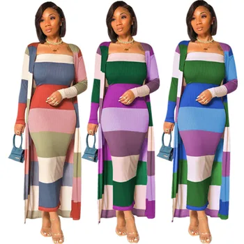2 Dalių Komplektas Ilgai Afrikos Suknelės Moterims Afrikos Drabužius Afrikos Dizaino Juostele Spausdinti Heidi Bazin Dashiki Maxi Suknelė Afrikos Drabužiai