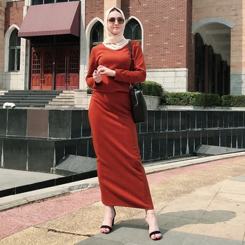 2 Gabalas Musulmonų Moterų Suknelė Ilgomis Rankovėmis Viršuje Bodycon Sijonas Abaja Kaftan Atsitiktinis Kokteilis Šaliai Arabų Suknelė Tiktų Nustatyti Drabužių Mados