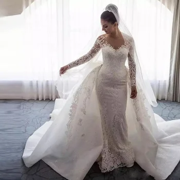 2 vnt Prabangių Vestuvių Suknelės, Nuimamas Traukinio 2021 Elegantiškas ilgomis Rankovėmis Undinė Balta Nuotakos Suknelė Boho chalatas de mariee sukienki