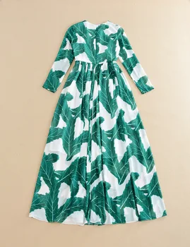 2017 Naujų Rudens Pradžioje Bananų Lapų Spausdinta Elegantiška Suknelė Aukšto Juosmens Plisuotos Ilgas Rankovėmis Didelis Švytuoklės Suknelės