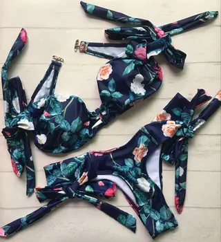 2018 Moterų maudymosi Kostiumėliai Paplūdimio Dviejų dalių Gėlių maudymosi kostiumėlį, Maudymosi Ponios Gėlių Bikini Monokini Stumti Iki Paplūdimio Drabužiai