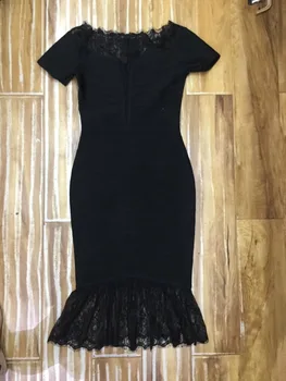 2018 naują atvykimo Vasaros juoda Moterų Nėrinių suknelė Elegantiškas Velniop kaklo trumpomis rankovėmis Įžymybė vakare šalies Tvarstis suknelė Didmeninės