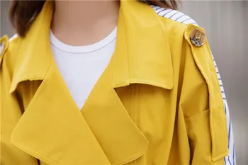 2019 Korėjos Moterų Drabužių Rudens Švarkelis, Moterų Ilgas Kailis Naujo Stiliaus Dryžuotas Prisiūtas Geltonas Žiemos Tranšėjos Paltai
