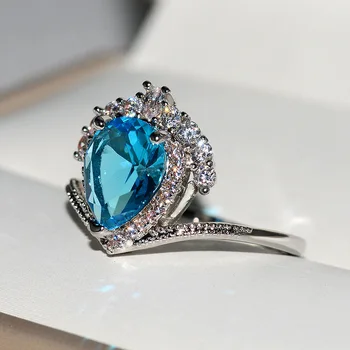 2019 moterų naują žiedą mėlynas safyras žiedas inkrustacijos su crystal cirkonis lašai žiedas, karūna pokylių aksesuarai, vestuviniai žiedai