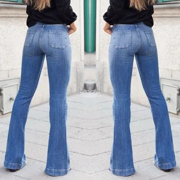 2019 naujas mados slim fit didelė juosmens užsiliepsnojo kelnės kelnės džinsai