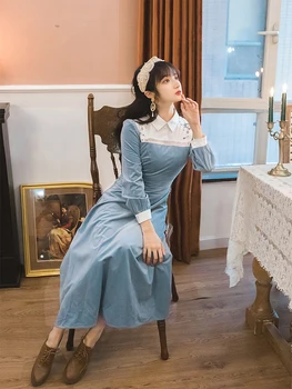 2019 Naujas Stilius Rudenį Siuvinėti Chinoiserie Mėlyna Suknelė