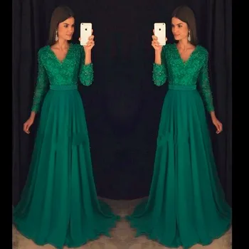 2019 Žalia ilgomis Rankovėmis Kuklus Prom Dresses Ilgio Rankovėmis ir V-Kaklo Perlai Nėriniais, Šifono-line arabų Prom Chalatai vakarinę Suknelę