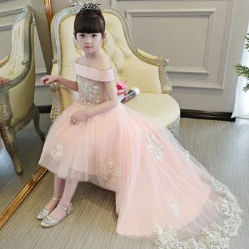 2019Children Merginos Prabanga Shoulderless Apykaklės Siuvinėjimo Gėlės Vakare Gimtadienio Ilgai Tinklelio Suknelė Kūdikių Bamblys Modelio Suknelė