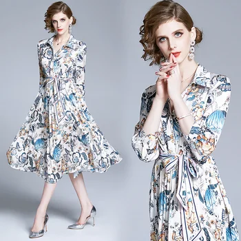 2020 Dizainerio Mados Moterų Plisuotos Suknelės Derliaus boho Gėlių Spausdinti Turn-Žemyn Kaklo kilimo ir tūpimo Tako Suknelė lanką juosmens į viršų