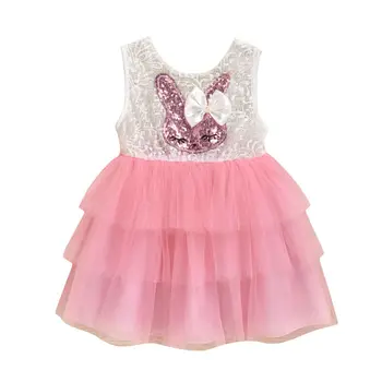 2020 Easter Bunny Bamblys Baby Girl Dress Blizgučiais Rankovių Triušis Spausdinti Nėrinių Romper Nėrinių Suknelė Tutu Suknelė