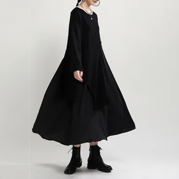 2020 M. Pavasarį Naujas Dizainas Ilgomis Rankovėmis Suknelės Moterims Netikrą Dviejų Dalių Suknelė Moteriška Juoda Spalva Kratinys Laisvas Stilius Korėja