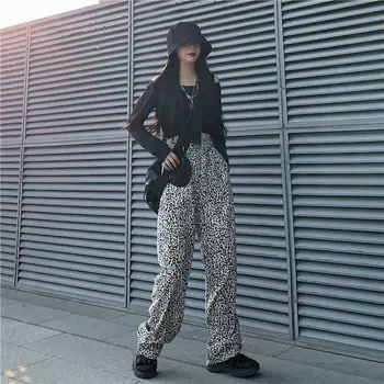 2020 m. rudenį naujų korėjos versija INS leopardas spausdinti karšta mergina apmušalas plataus kojų kelnės laisvi ir plonos tiesios kelnės mopping kelnės
