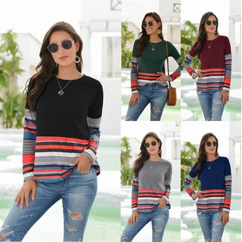2020 m. rudenį tarpvalstybinių karšto stilius Europos ir Amerikos moterų dryžuotas spausdinti ilgomis rankovėmis apvalios kaklo marškinėliai
