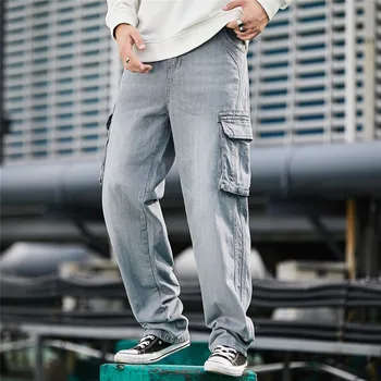 2020 m., šviesiai mėlynos spalvos, laisvi džinsai šoninių kišenių hip-hop dizaineris prarasti stilių ir dydžių 30-46
