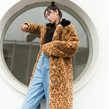 2020 m. žiemos moterys storas šiltas ilgas dirbtiniais kailinius moterų atsitiktinis leopard plius dydis inmitation kailiniai paltai A132