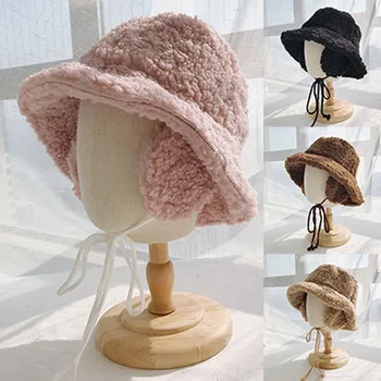 2020 m. Žiemos skrybėlės moterims storio kibirą kepurės su earmuffs vientisos spalvos ėriukų vilnos kibiro kepurę, šiltas panamos skrybėlės kepurės