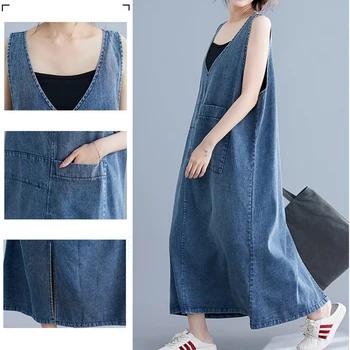2020 Mados moterų berankovis džinsinio audinio suknelė pavasario vasaros derlius džinsai moteriška suknelė vientisa spalva didelio dydžio ilga liemenė suknelės 3216