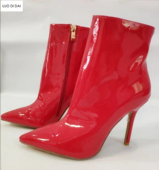 2020 mados moterų raudona batai zip-up batai moterims kulkšnies bateliai plonas kulnas raudoni odiniai batai ponios suknelė, batai punkte kojų 10cm kulnas