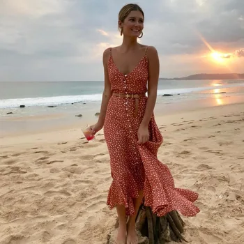 2020 Moterų Boho Maxi Suknelė Mergaitėms Vasaros Spageti Dirželis Saldus Dot Ilga Suknelė Ponios Paplūdimio Sundress Vestido De Mujer