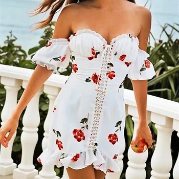 2020 Moterų Vasaros Suknelė Trumpomis Rankovėmis Atostogų Gėlių Spausdinti Pynimas Paplūdimio Suknelė Baltos Spalvos Nėrinių Stebėjimo Off Peties Seksuali Suknelė