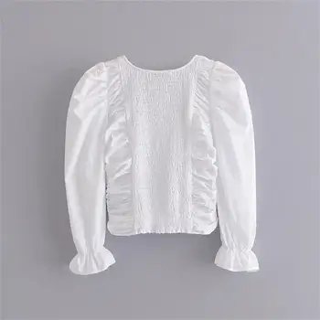 2020 moterų vientisos spalvos ruožas popelinowy puloveris kvadratinių kaklo plisuotos slim stretch sluoksniuotos rankovėmis marškinėliai temperamentą