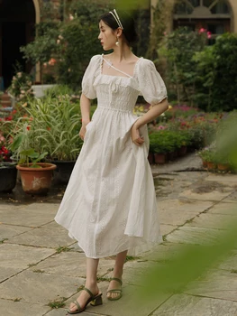 2020 naujas mados moteriški drabužiai Derliaus suknelės Aikštėje Apykaklės Sluoksniuotos Rankovėmis balta suknelė
