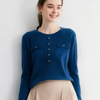 2020 naujas ponios vientisos spalvos atsitiktinis apvalios kaklo mygtuką megzti marškinėliai
