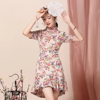 2020 Naujas Vasaros Mados Kinų Stiliaus Moterų Cheongsam Seksualus, Elegantiškas Mini Suknelė Vintage Gėlių Spausdinti Trumpas Rankovės Mergina Suknelės