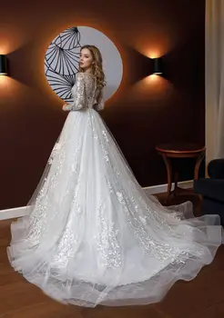 2020 Vestuvių Suknelės, O-Kaklo, ilgomis Rankovėmis, Nėriniai 3D Aplikacijos Vestuvinės Suknelės pagal Užsakymą Pagaminti Mygtuką Atgal Valyti Traukinio Linija Vestuvinė Suknelė