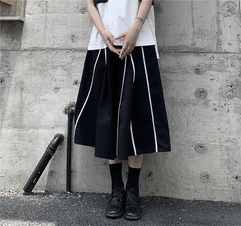 2020SS Moterų Maxi Sijonas Elastinga Juosmens Geometrinis dryžuotos-line Kietas Suspender Sijonai Tamsiai Mergina Gotikos Japonija Stiliaus Moteris