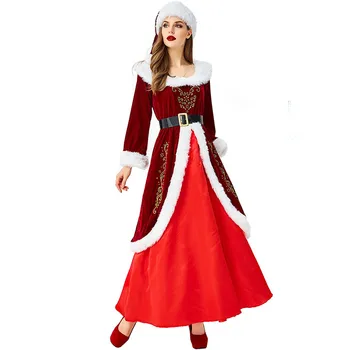 2021 Kalėdų Senelio Kostiumas Moterims ir Vaikams Raudona ilgomis Rankovėmis Su Skrybėlę Motina ir Dukra Santa Aksomo Kalėdų Šalis Suknelės