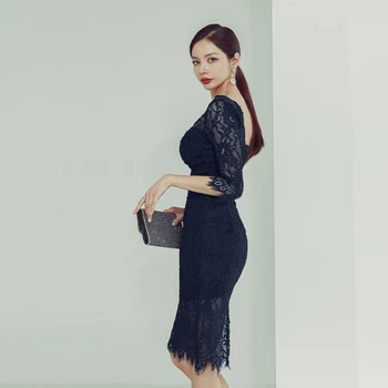 2021 Korėjos Pavasario Prabanga Lady V-Neck Slim Full Nėrinių Suknelė Kelio Ilgis Apvalkalą Bodycon Karinio Jūrų Laivyno Seksualus Vestido Feminino