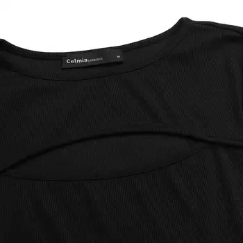 2021 m. Pavasarį Kieta Moteris, Trišakiai Viršūnes Celmia Seksualus Tuščiaviduriai Iš Aptemptų marškinėlių Atsitiktinis Bodycon Megzti Tunika Kietas Long Sleeve T Shirts