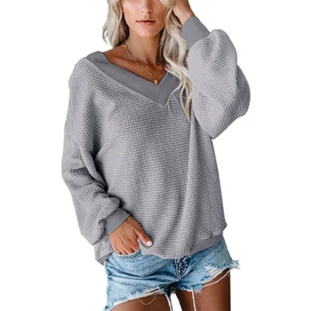 2021 m. rudenį karšto parduoti v-kaklo prarasti ilgomis rankovėmis susiuvimo pliurpalas puloveris moterų top marškinėliai