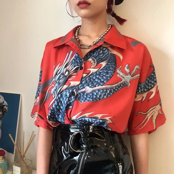 2021 m. Vasarą, Pavasarį Moterims Palaidinės BF stiliaus negabaritinių marškinėliai Harajuku Viršūnes Dragon Spausdinimo Trumpas Rankovės Marškinėliai Moteriška Streetwear